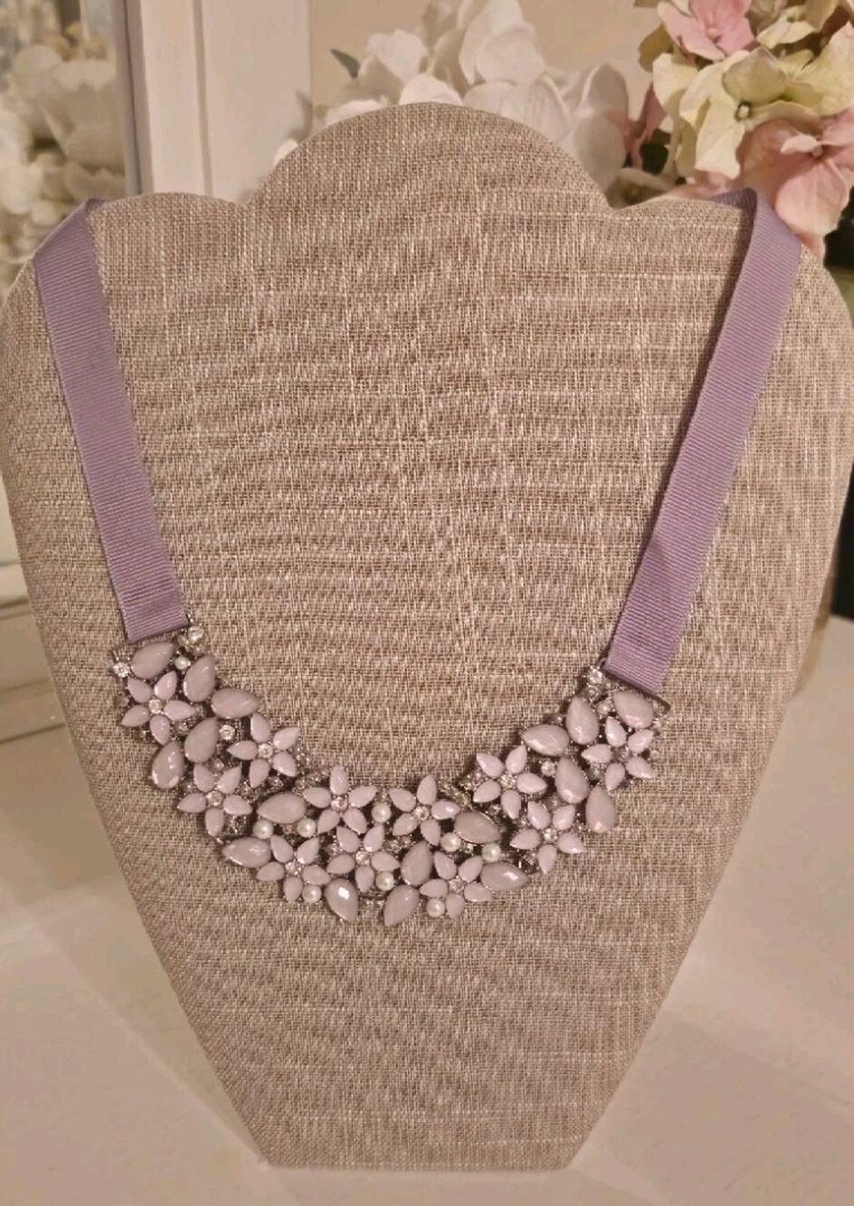 Blush Pink Rhinestone Faux Pearl Statement Bib Necklace Ribbon Tie Floral